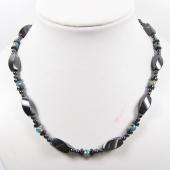 Mens Magnetic Hematite 8x12mm Twist Beads with Blue Cloisonne Strands Necklace